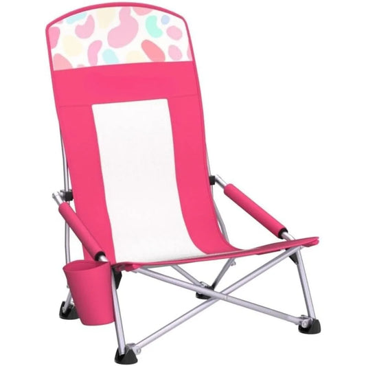 2-Pack High Back Beach Chairs   /  Lightweight Low Seat Camping Chairs with Cup Holder  /  Padded Armrest for Outdoor Beach Camping