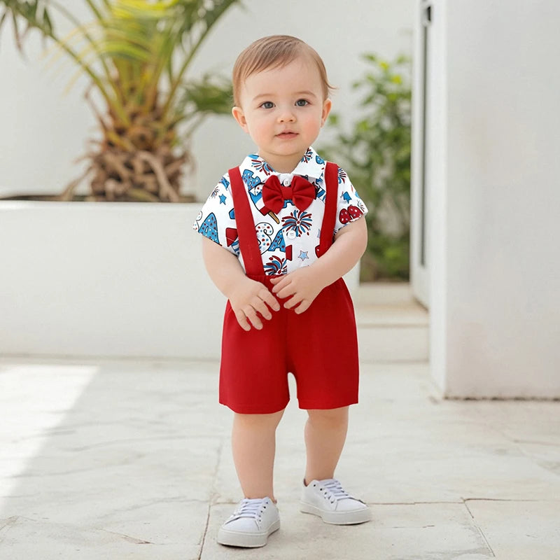 Infant-Toddler Boys / Independence Day   /  Short Sleeve Bowtie Romper & Suspender Shorts Set  /  Infant Clothing for 4th of July