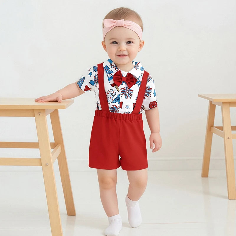 Infant-Toddler Boys / Independence Day   /  Short Sleeve Bowtie Romper & Suspender Shorts Set  /  Infant Clothing for 4th of July
