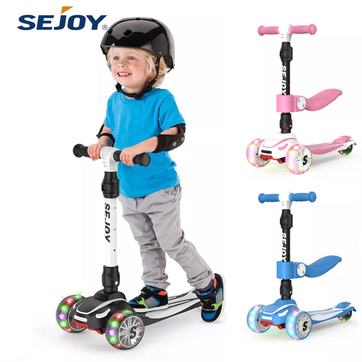 Toddler Kick Scooter /  Children's'  Fold-down-Seat Balance Scooter /  Adjustable Height/Handlebars /  Balance Scooter / Illuminated Wheels /  Ages 3-12