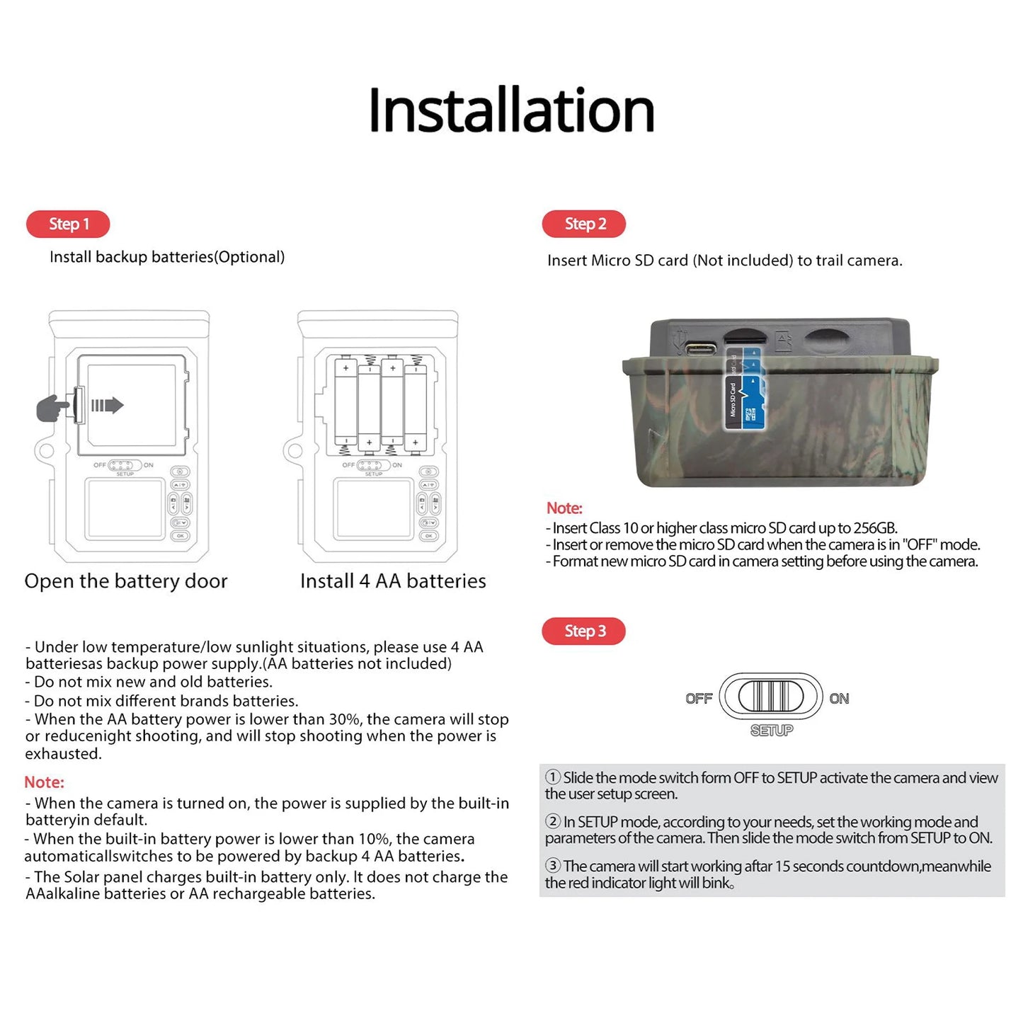 Solar Charging Hunting Trail Camera  /  Outdoor Night Vision Surveillance Camera  /  4K 50MP with 256GB Memory Card