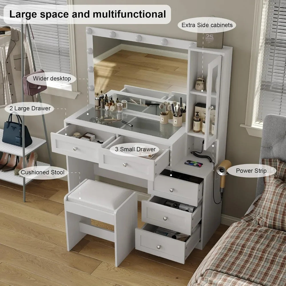 43" Vanity Desk with Mirror & 11 Lights /  5 Drawer Modern Makeup Desk with Glass top & Cushioned Stool /  3 Lighting Modes Bright