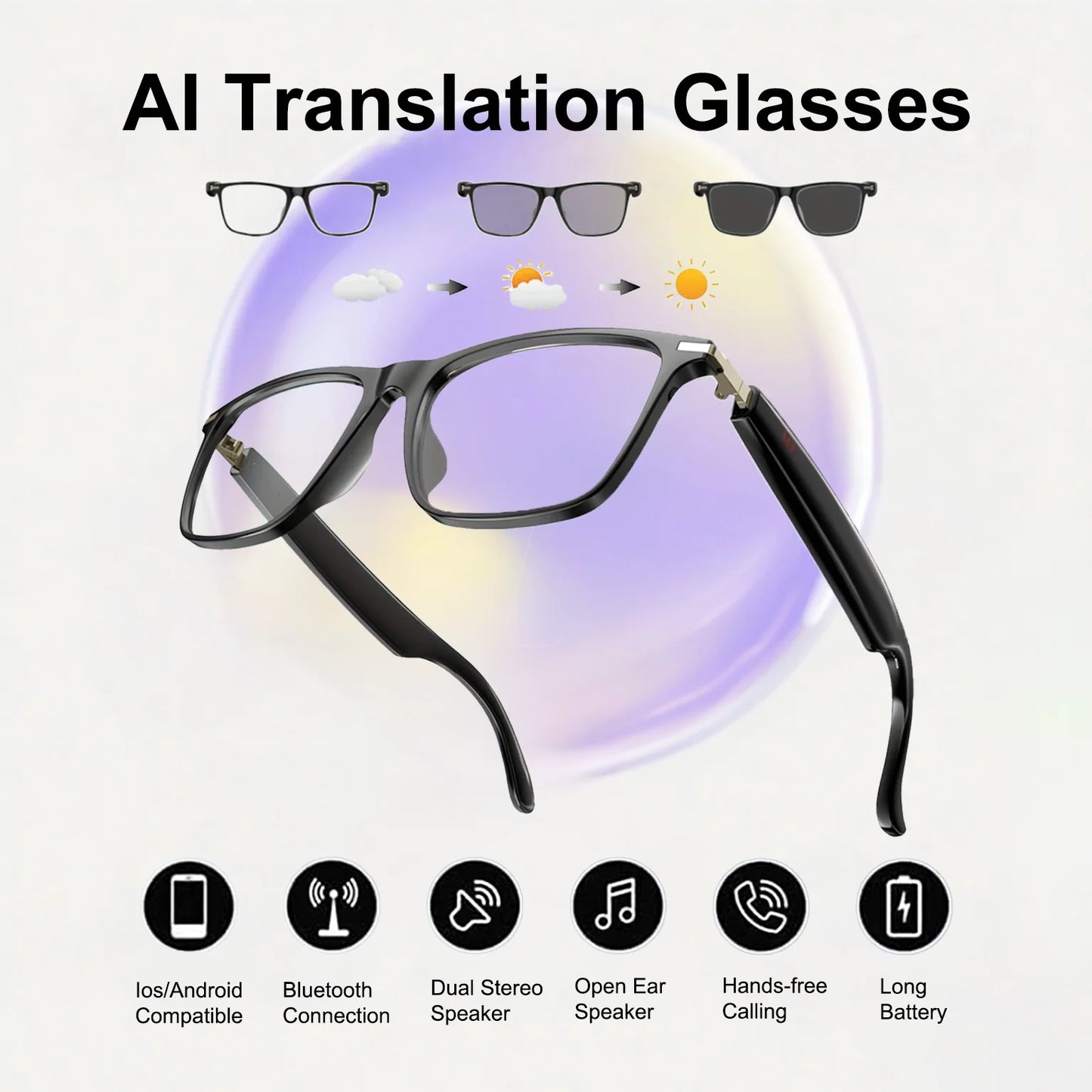AI Translation Smart Glasses with photochromic lenses / Supports 160+ languages / Real-time translation
