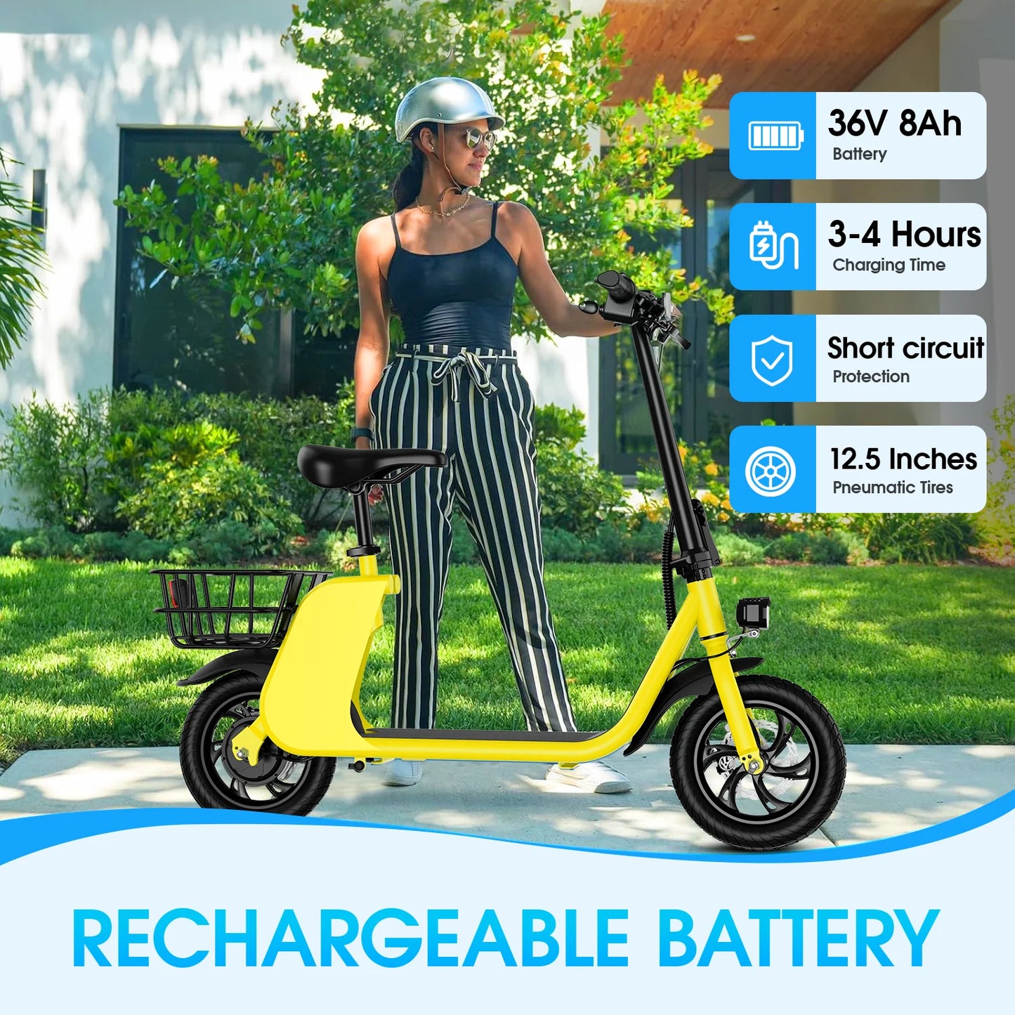 450W Adult Electric Scooter  /   15.5 mph  /  with Seat and Shopping Basket /  Suitable for Females /   Electric Scooter for Urban Commuting