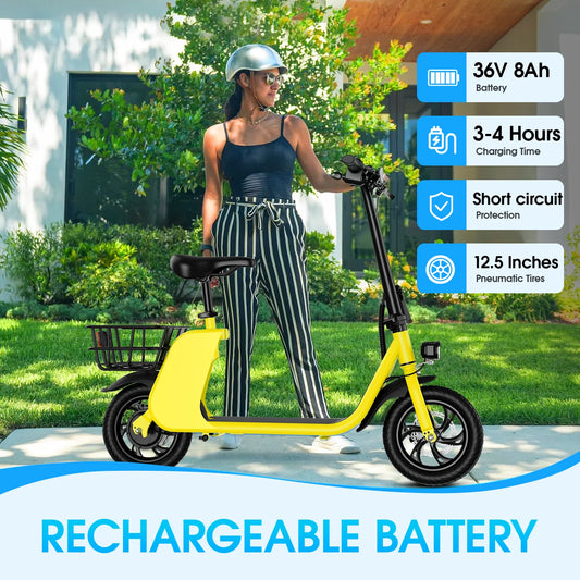 450W Adult Electric Scooter  /   15.5 mph  /  with Seat and Shopping Basket /  Suitable for Females /   Electric Scooter for Urban Commuting
