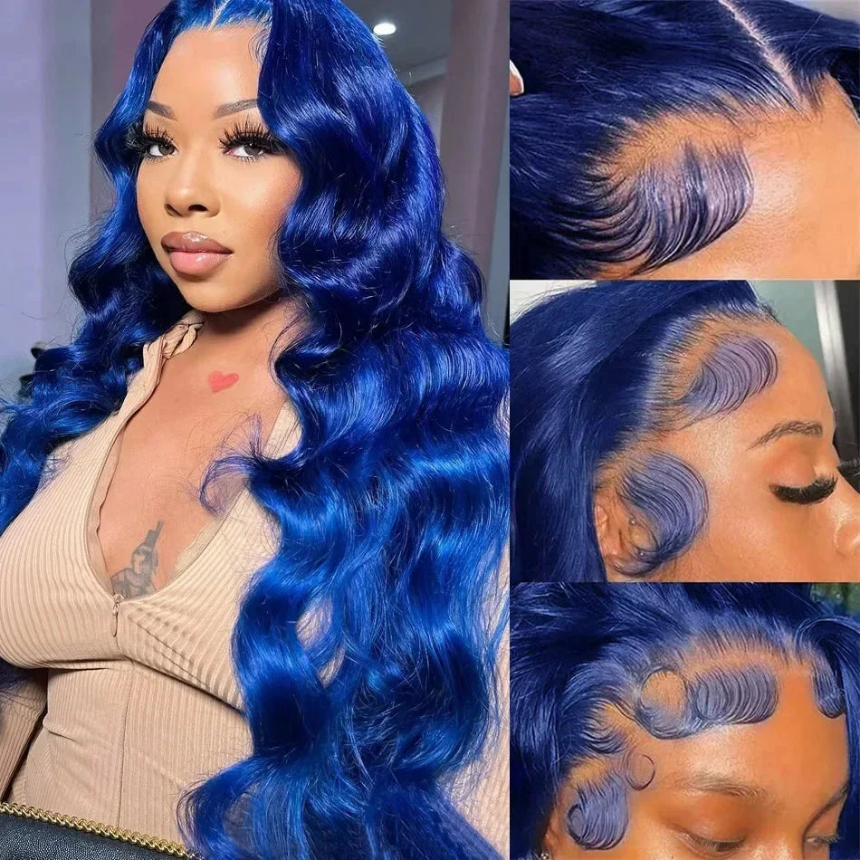 **Navy Blue 13x4 Lace Front Body Wave Human Hair Wigs / Brazilian Blue Colored / Transparent Lace Front Wigs For Women / Pre Plucked