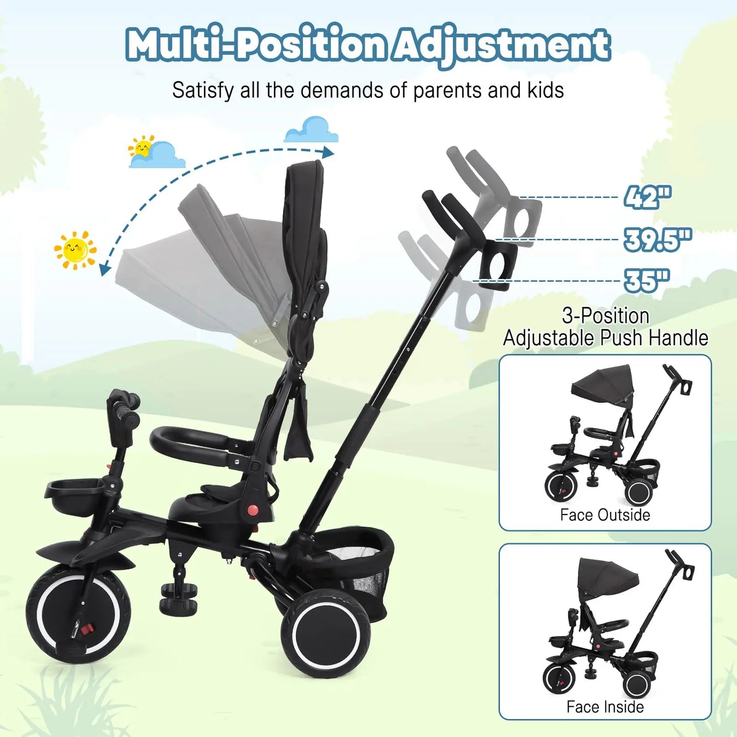 Foldable Tricycle - Stroller /  7-in-1 Toddler Tricycle Stroller / 1-6 Years  /  Baby Trike /  Safety Harness /  Adjustable