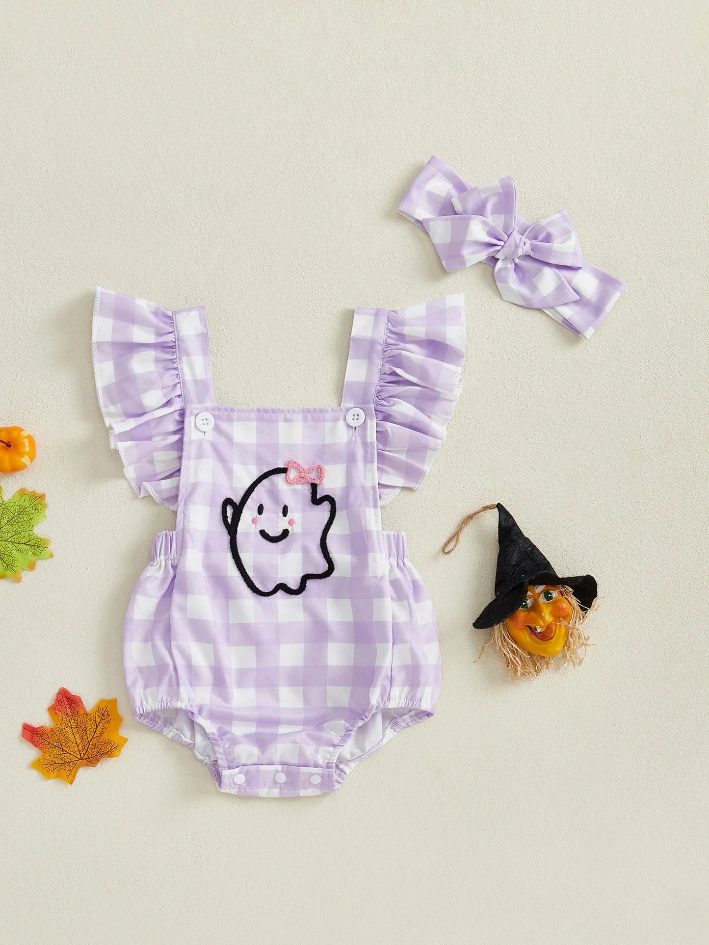 Adorable Infant Halloween Costume Set  /  Pumpkin Applique  /  Romper and Matching Headband  /  Baby Girls Newborn - 12 months