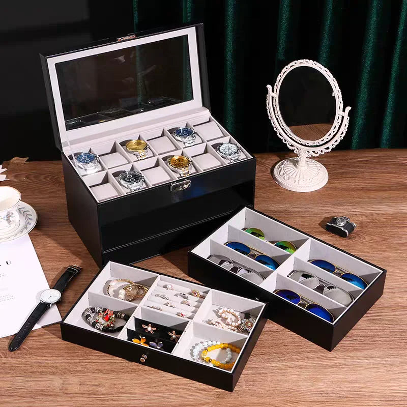 3-Layer Black Leather Jewelry Box /  Metal Key Lock / Storage  Organizer for Jewelry, Watches, Eyeglasses & Sunglasses / Box With Display Drawer / Metal Buckle Case / Organizer