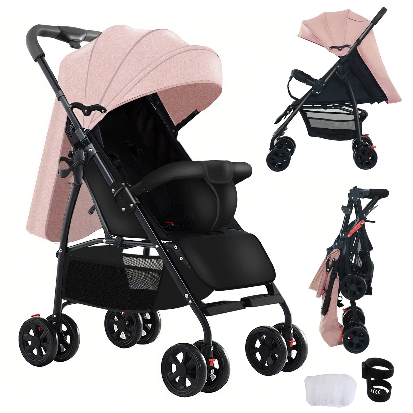 2 in 1 Baby Stroller  / Lightweight / Foldable  /  5-Point Safety Seat Belt / Reclines fully / Shock Absorbers / One Hand Fold-Up /  Basket & Zipper Pockets /  Use Winter &  Summer  /  Travel /  Canopy