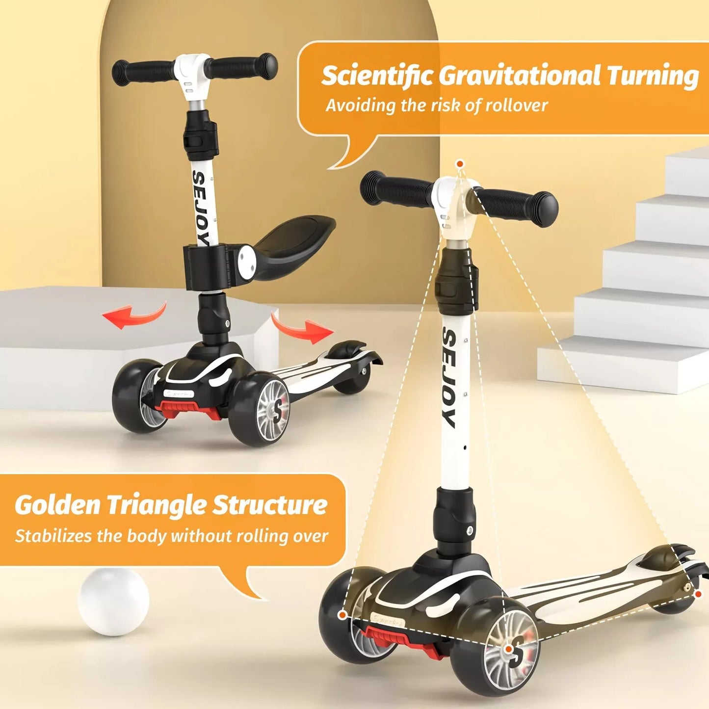 Toddler Kick Scooter /  Children's'  Fold-down-Seat Balance Scooter /  Adjustable Height/Handlebars /  Balance Scooter / Illuminated Wheels /  Ages 3-12