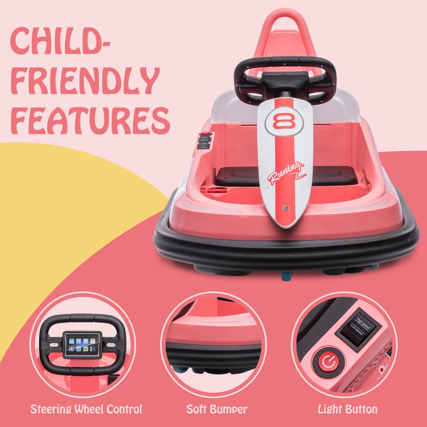 Bumper Car for Toddlers /  6V Electric Ride On Toys for Kids /  1.9 MPH Max Speed  /  Steering Wheel 360 Degree Spin  /  2-Speeds / Lights / Music
