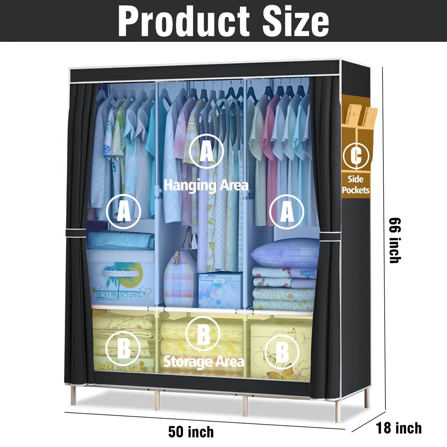 Garment Rack / Closet Wardrobe Organizer / Storage Rack / Portable Clothes, Shoes and Accessories Closet / Dustproof /  Non-woven Fabric / Quick and Easy to Assemble
