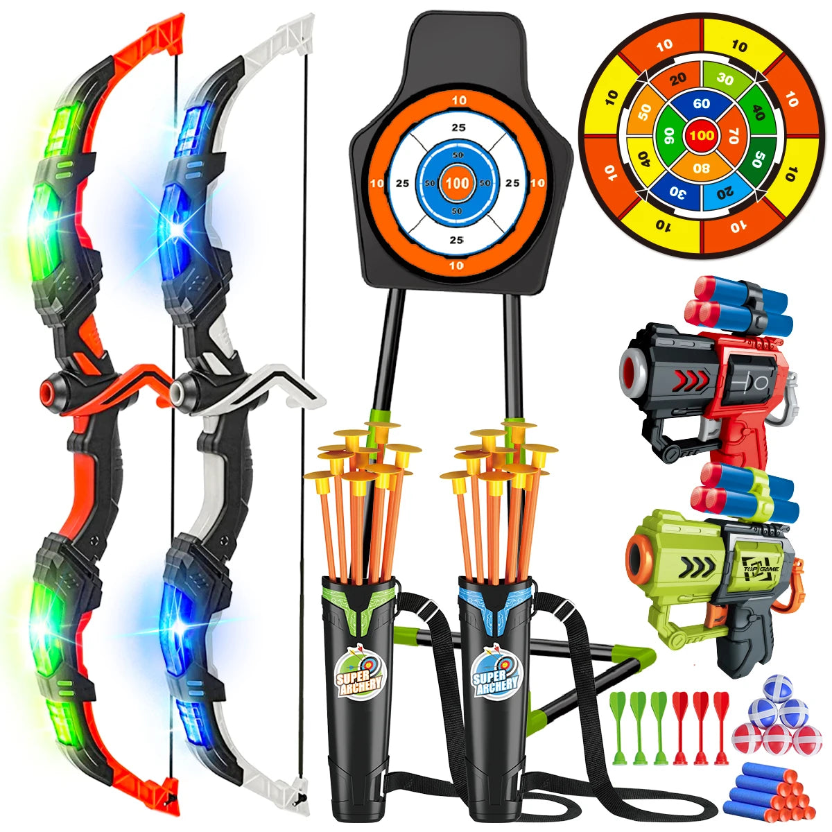 2X Bow & Arrows +  2 Foam Dart Guns / Toys For Kids / Suction Cup / Skill Building / Archery Stand / Target Board / Indoor Outdoor Game / Unisex Christmas Gift