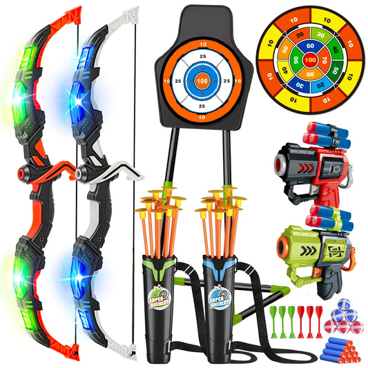 2X Bow & Arrows +  2 Foam Dart Guns / Toys For Kids / Suction Cup / Skill Building / Archery Stand / Target Board / Indoor Outdoor Game / Unisex Christmas Gift