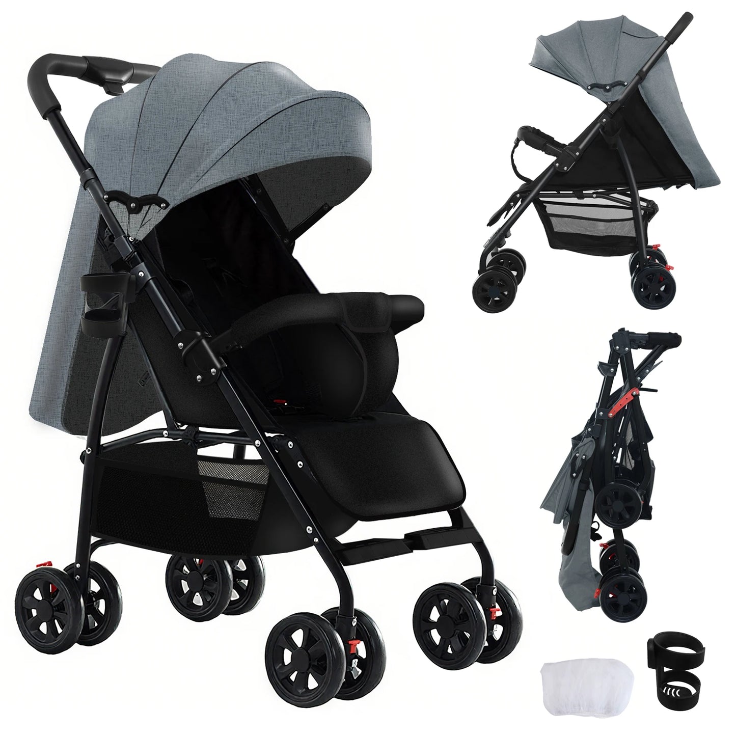 2 in 1 Baby Stroller  / Lightweight / Foldable  /  5-Point Safety Seat Belt / Reclines fully / Shock Absorbers / One Hand Fold-Up /  Basket & Zipper Pockets /  Use Winter &  Summer  /  Travel /  Canopy
