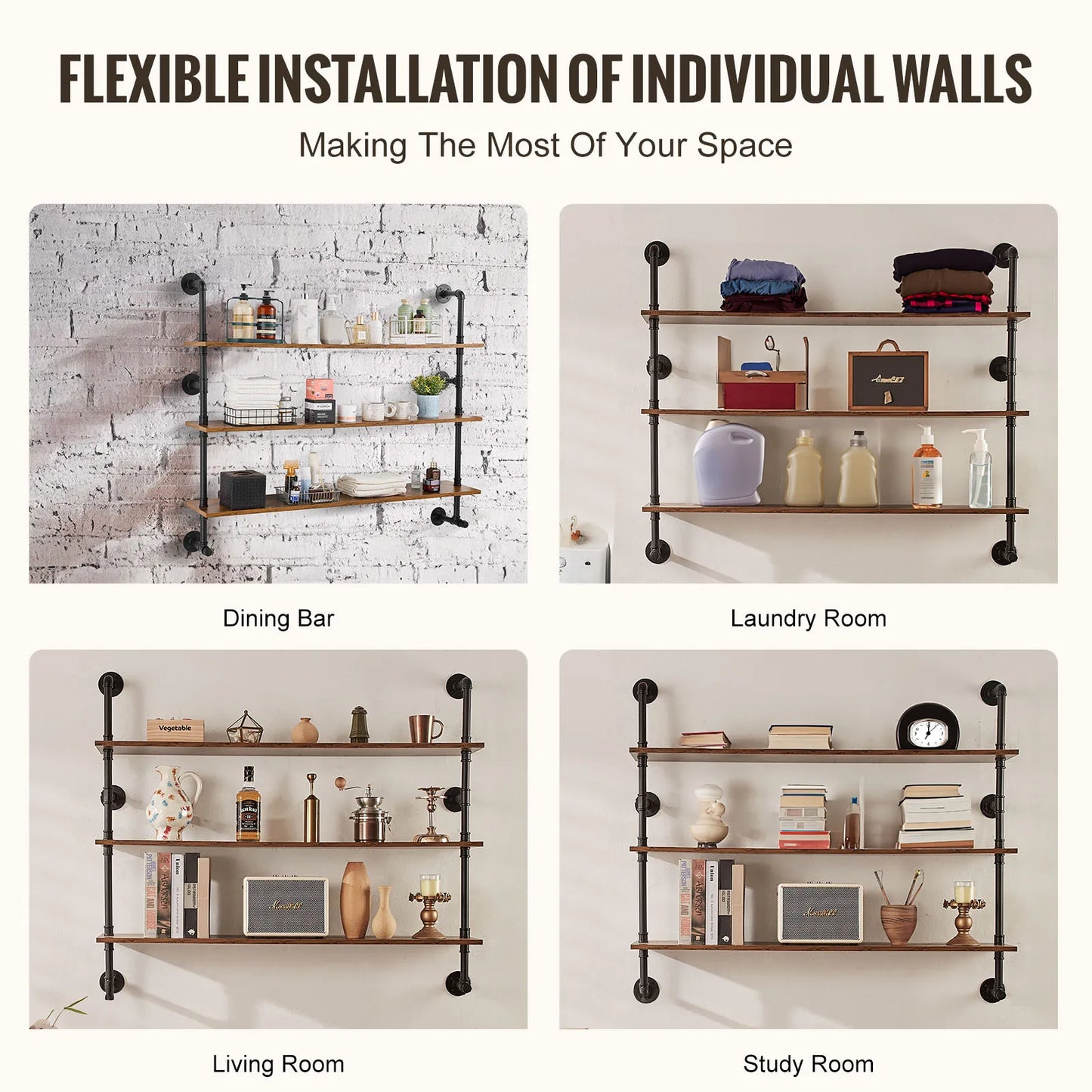 **Industrial Pipe Shelf / Wall-Mount Floating / Rustic Wood Shelves / Bracket Storage Rack for Kitchen Bedroom