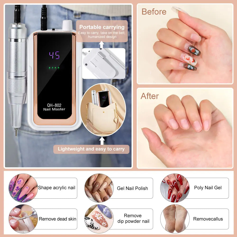 45000RPM Electric Nail Drill / File / Professional for Acrylic Gel Dip Powder Nails / Portable Machine Kit for Manicure Pedicure Tools