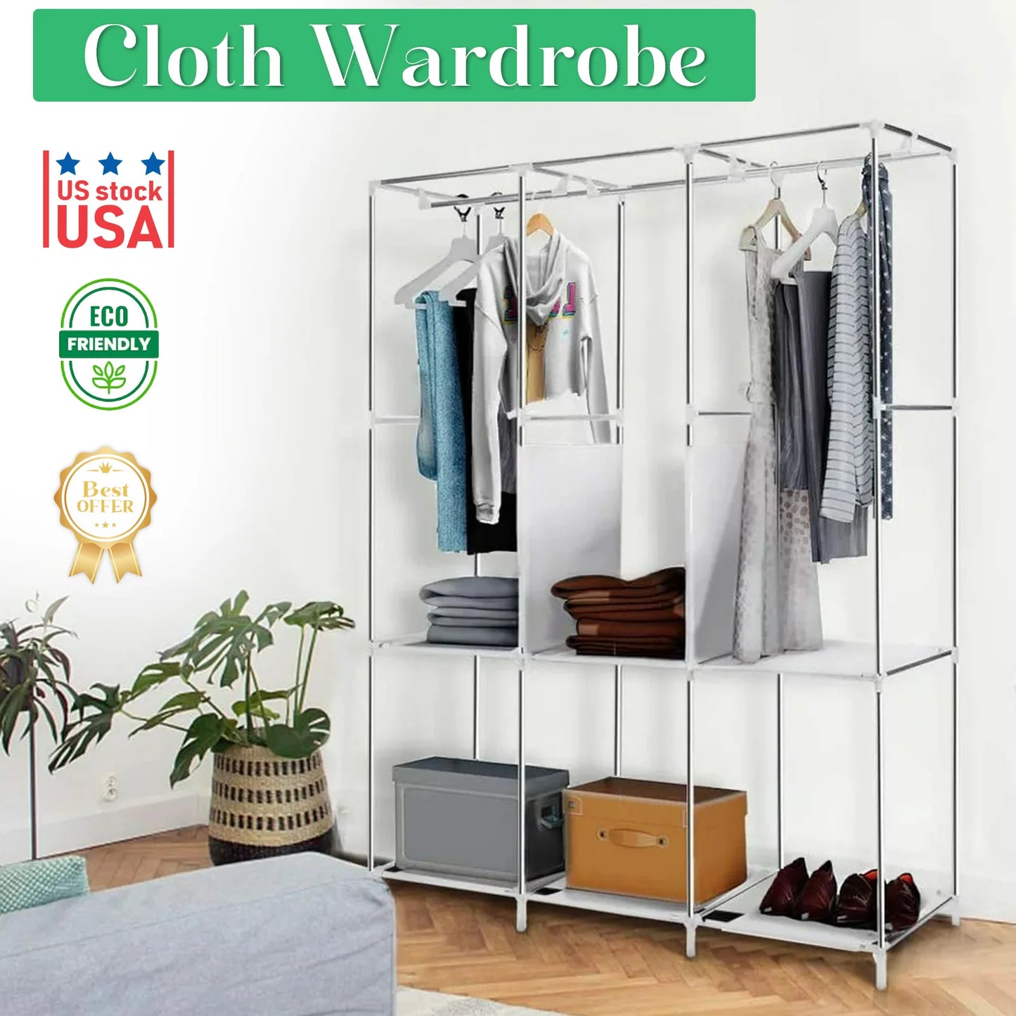 Garment Rack / Closet Wardrobe Organizer / Storage Rack / Portable Clothes, Shoes and Accessories Closet / Dustproof /  Non-woven Fabric / Quick and Easy to Assemble