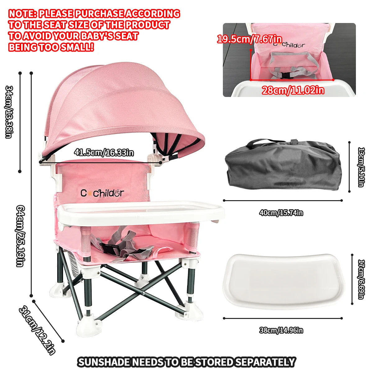 Booster Seat / Portable Child Dining Chair /  Removable Awning /  5-point Safety Belt / Foldable / Detachable Plates / Carrying Bag