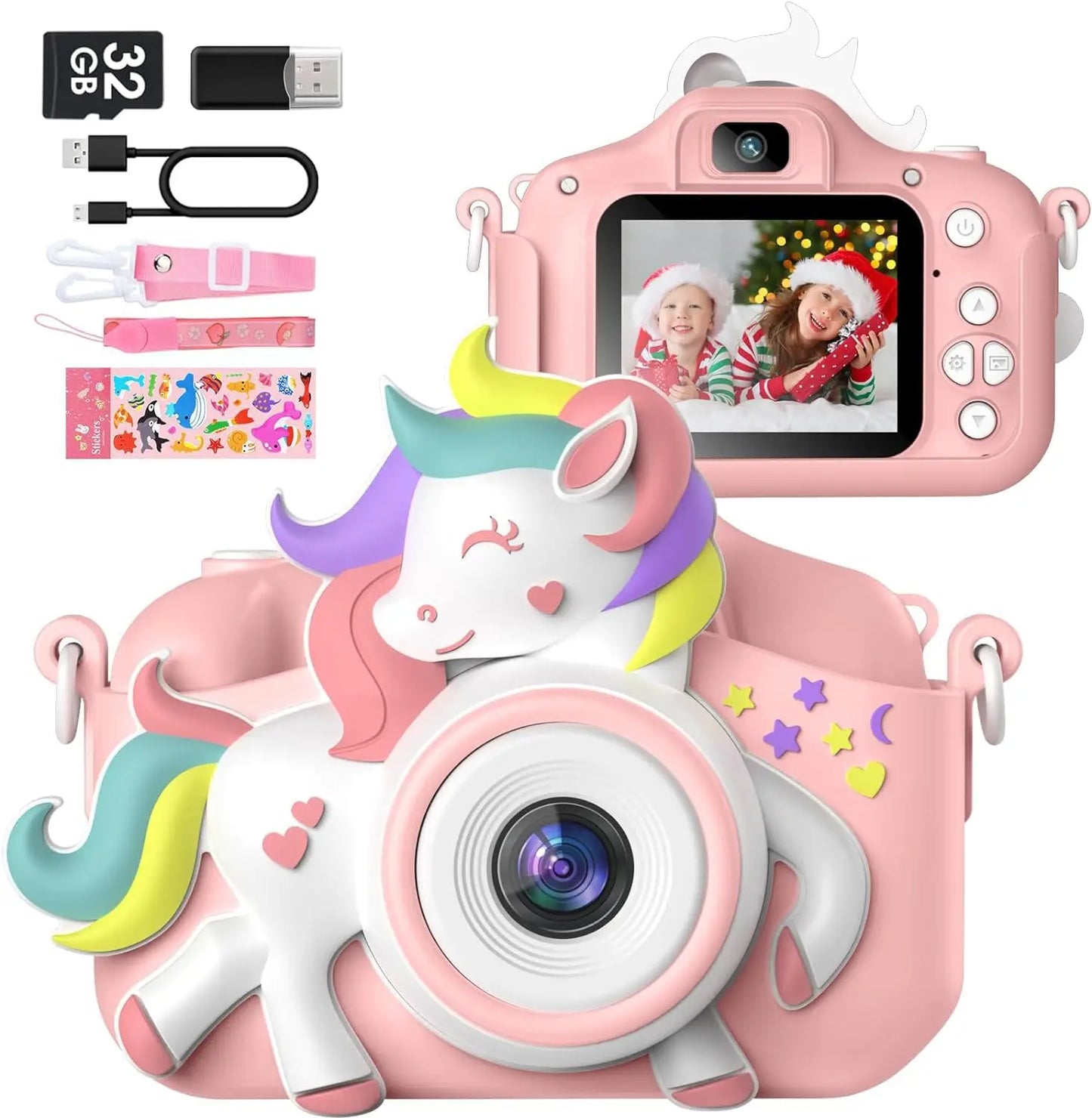 2.0" Kid's Camera 20MP 1080P HD  / Toddle Selfie Camera / Cute Cartoon Digital Camera Toy / 32GB Card  /  Rechargeable /  Gift For Girls & Boys