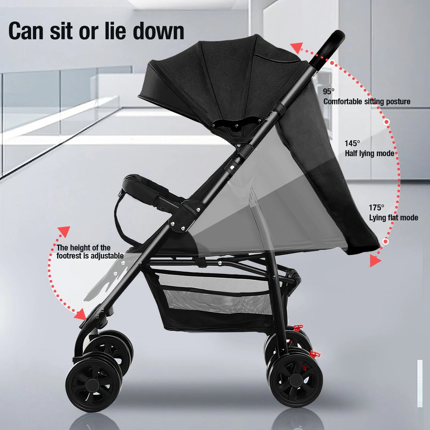 2 in 1 Baby Stroller  / Lightweight / Foldable  /  5-Point Safety Seat Belt / Reclines fully / Shock Absorbers / One Hand Fold-Up /  Basket & Zipper Pockets /  Use Winter &  Summer  /  Travel /  Canopy