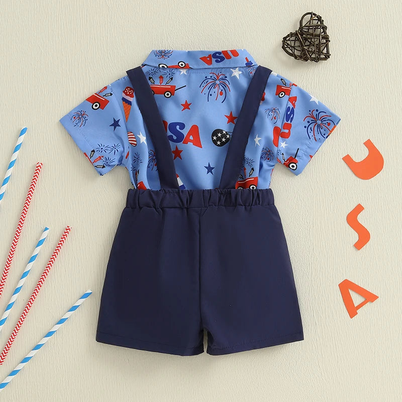Infant-Toddler Boys / Independence Day   /  Short Sleeve Bowtie Romper & Suspender Shorts Set  /  Infant Clothing for 4th of July