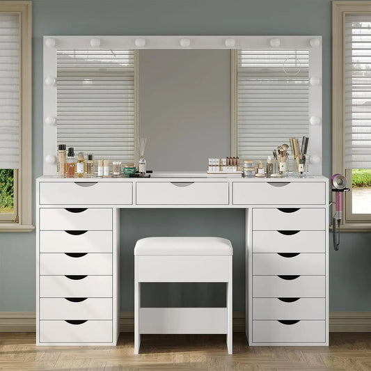 Vanity Desk with Mirror and Lights /  Makeup Table with Charging Station  /  3 Color Lighting Modes /  15 Drawers   /  Dressing Table