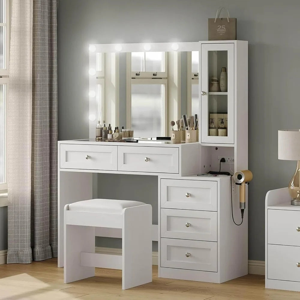 43" Vanity Desk with Mirror & 11 Lights /  5 Drawer Modern Makeup Desk with Glass top & Cushioned Stool /  3 Lighting Modes Bright