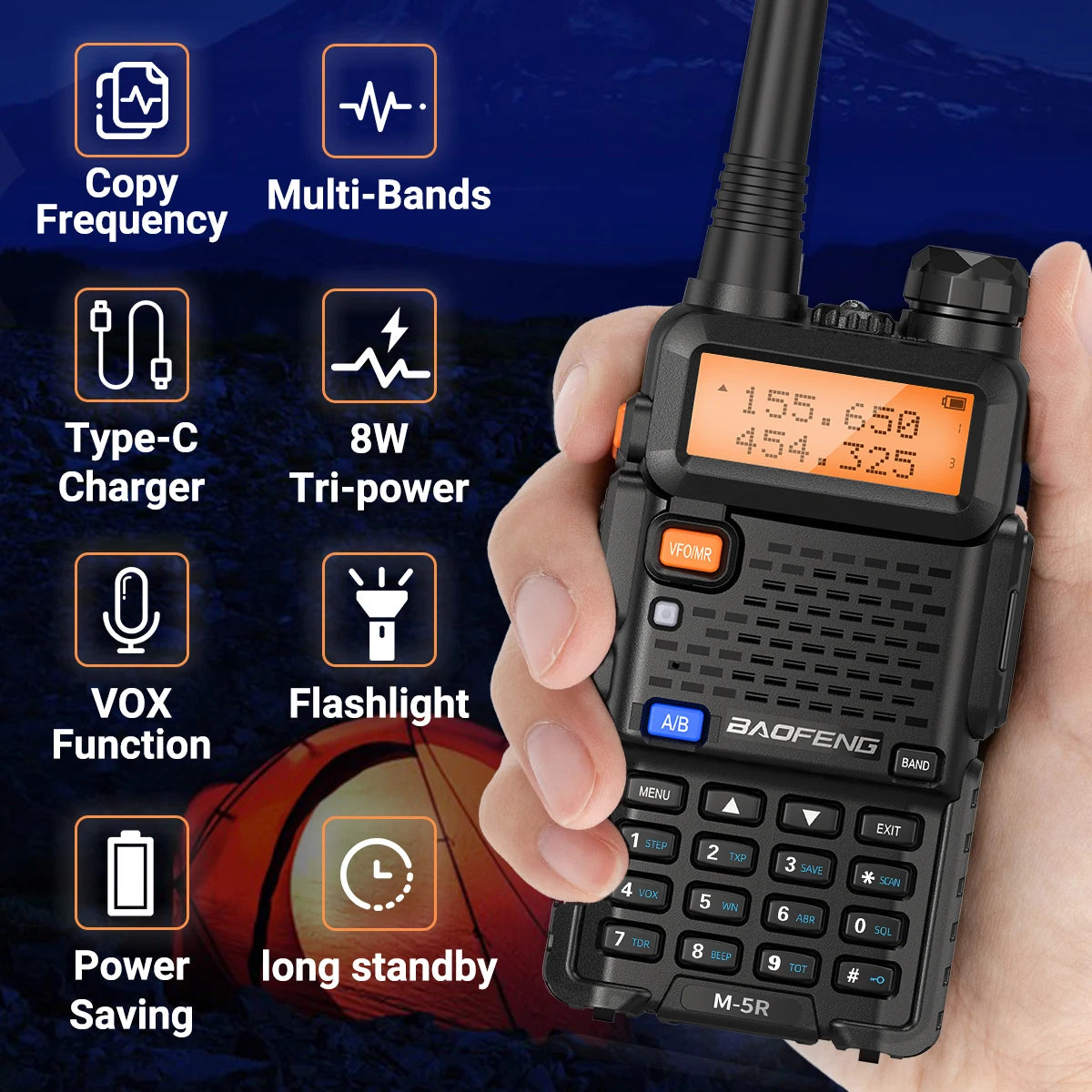 8W Walkie Talkie Multi Band w/Flashlight / Type-C / Wireless / Copy Frequency AM / Long Range For UV-5R / Two Way Radio