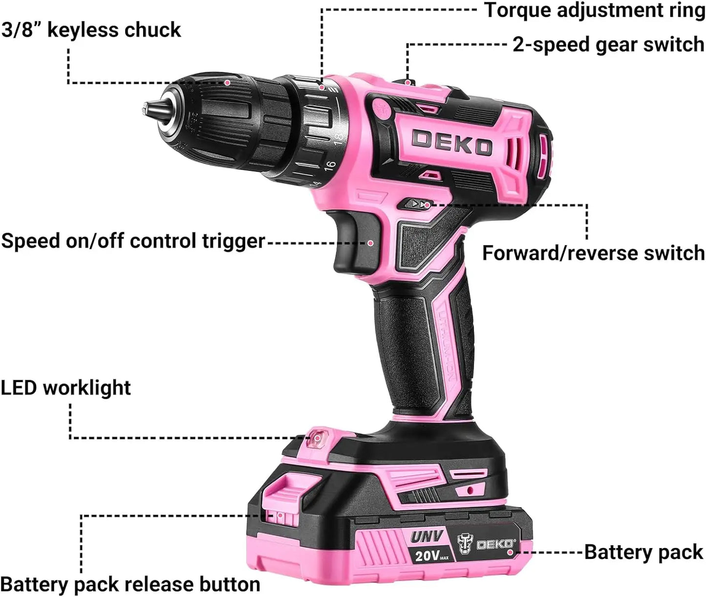 Power Drill Cordless: DEKO Pink Cordless Drill / 20V Electric Power Drill Set / Tool for Women