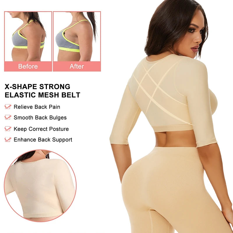 **Upper Arm Shaper Sleeve Compression Top / Women / Push Up Breast / Post Surgery / Front Closure Bra Shapewear / Back Support Cropped Tops