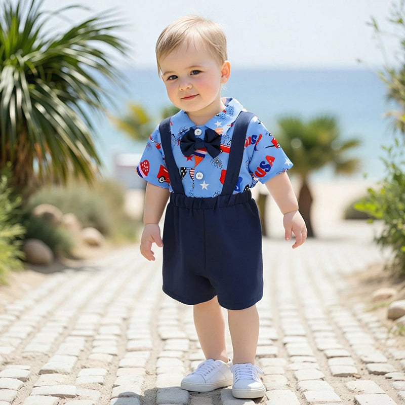Infant-Toddler Boys / Independence Day   /  Short Sleeve Bowtie Romper & Suspender Shorts Set  /  Infant Clothing for 4th of July