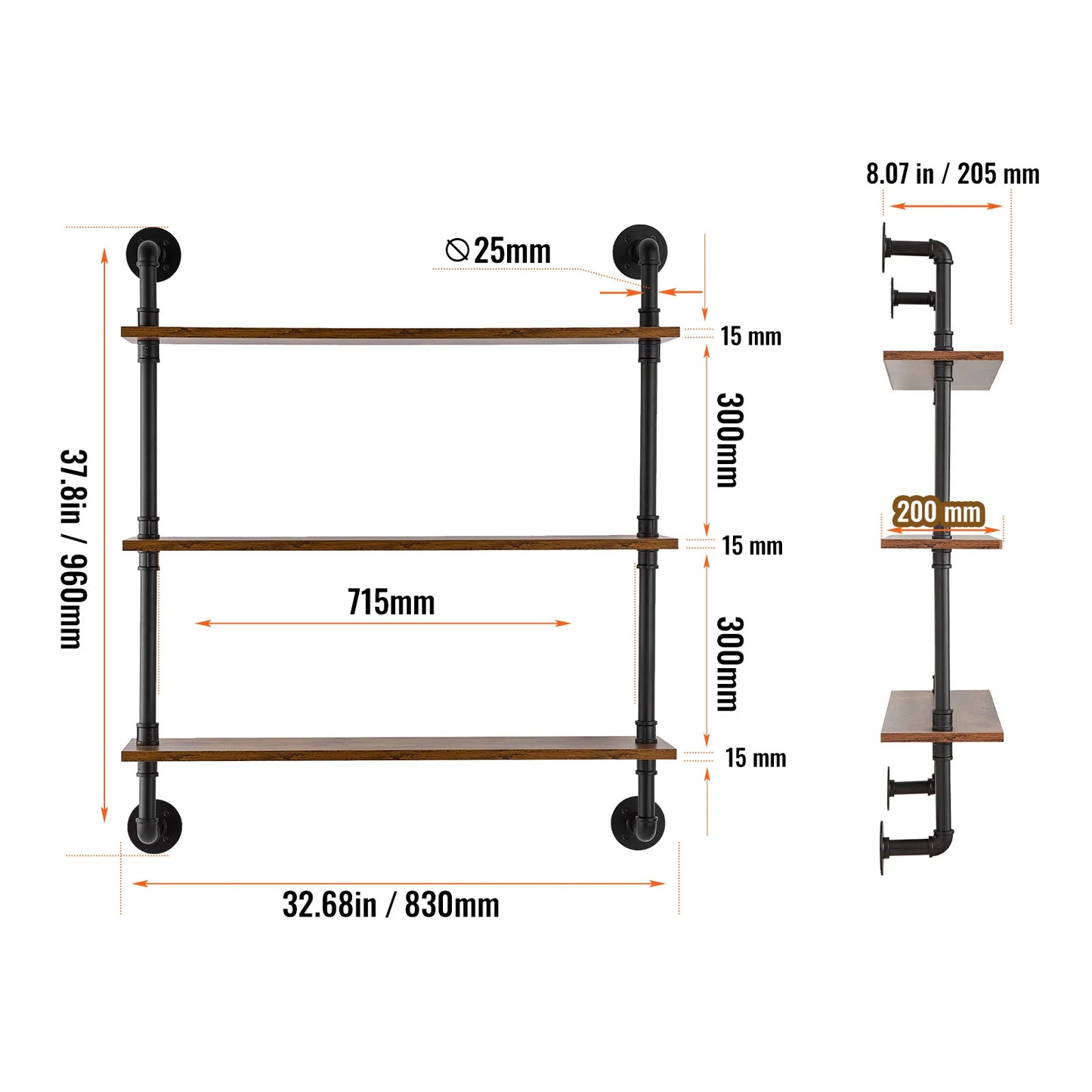 **Industrial Pipe Shelf / Wall-Mount Floating / Rustic Wood Shelves / Bracket Storage Rack for Kitchen Bedroom