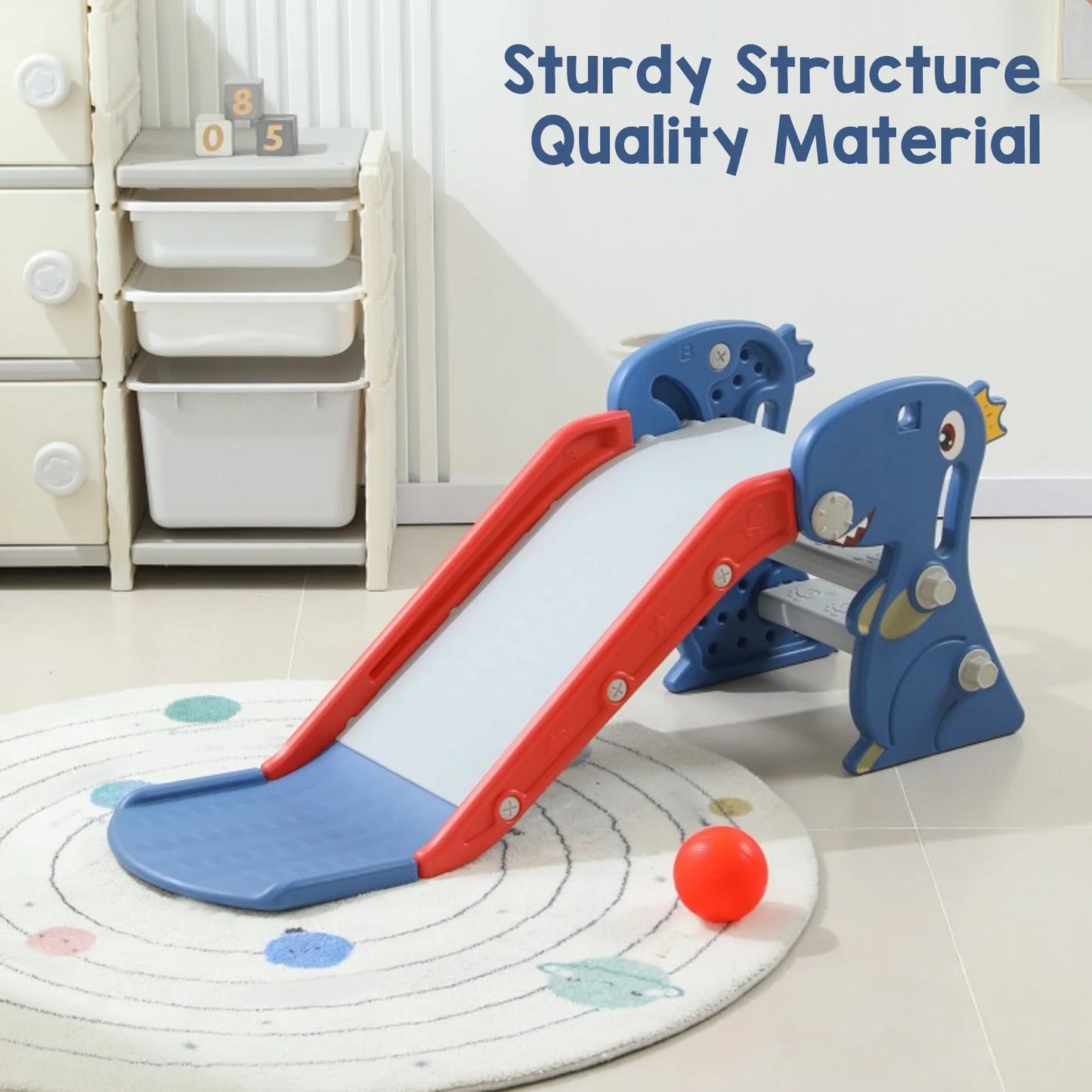 Indoor/Outdoor Dinosaur Slide  /  Blue/Red  Construction  /  Multipurpose Folding Slide with Basketball Hoop  /  Climber for 0 To 3 Years Old   /  Backyard