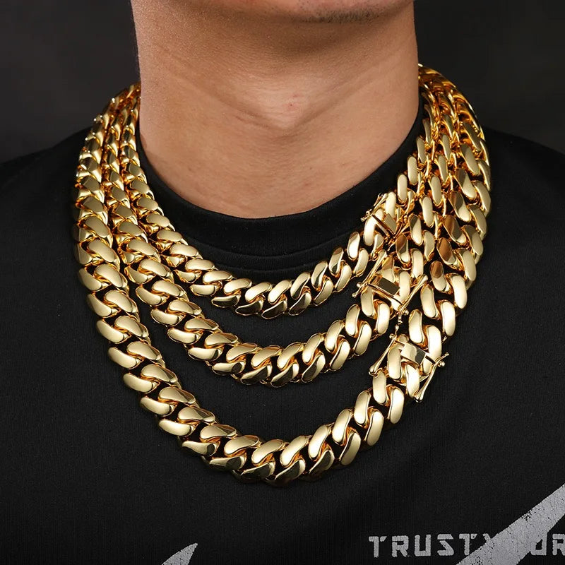 **8-22mm Hip Hop Bling / Gold Color Stainless Steel / Dense Cuban Miami Link Chain Necklaces / 18k Gold-plated Jewelry