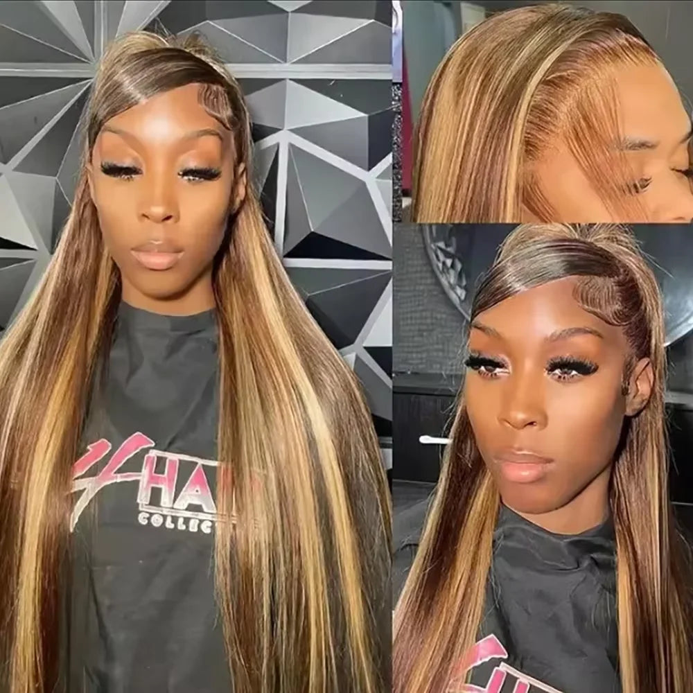 **40 42 46 Inch P4/27 Highlight Ombre Brown / Bone Straight Human Hair  13x6 HD Lace Front Wig / Honey Blonde Colored Wigs For Women