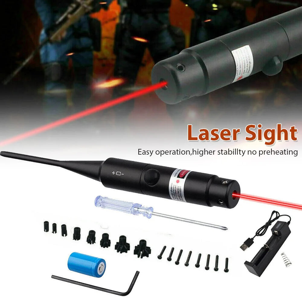 Red Laser Bore Sight Kit  /  For.17 To 12GA Caliber Rifles & Pistols  /  With Big Button Switch /  16 Adapters And Arbors Included /  Adjustable