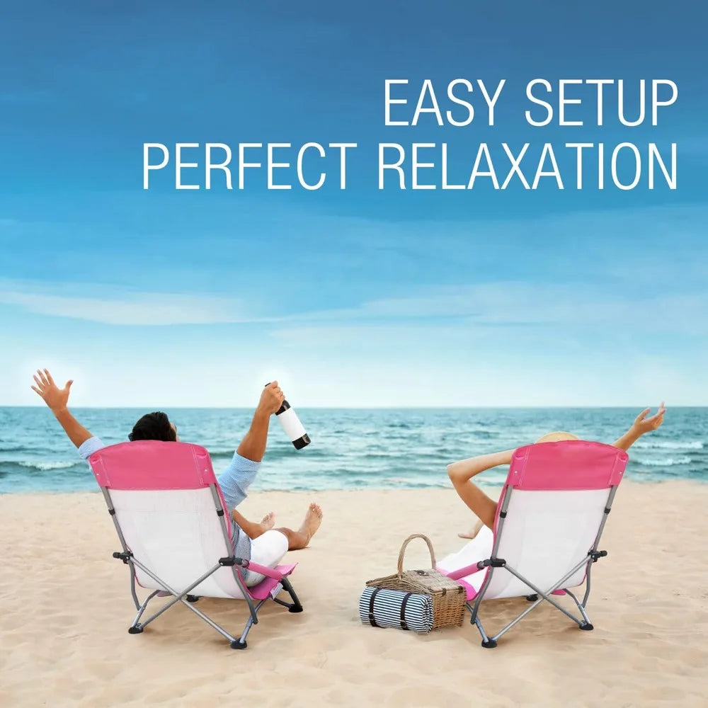 2-Pack High Back Beach Chairs   /  Lightweight Low Seat Camping Chairs with Cup Holder  /  Padded Armrest for Outdoor Beach Camping