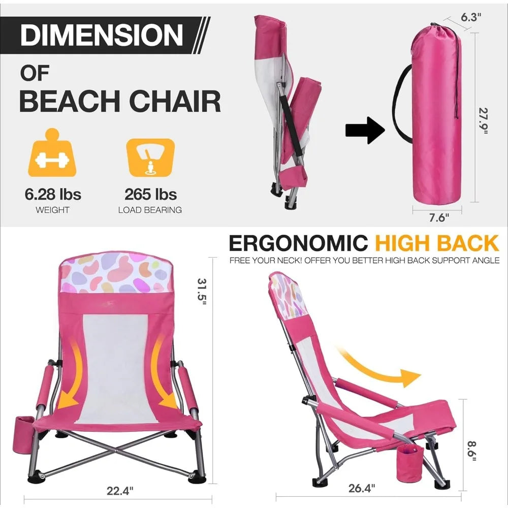 2-Pack High Back Beach Chairs   /  Lightweight Low Seat Camping Chairs with Cup Holder  /  Padded Armrest for Outdoor Beach Camping