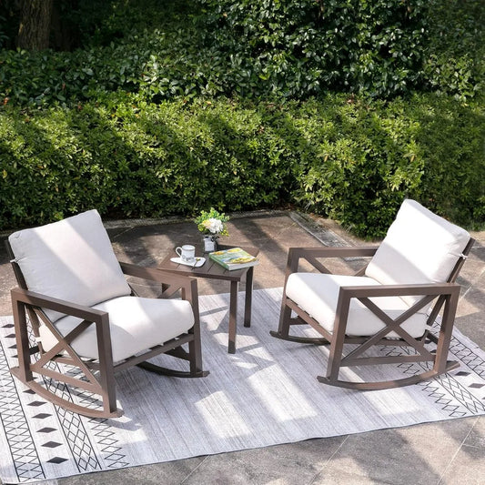 Rocking Bistro Set  /  7 Piece Outdoor Patio Conversation Furniture Set with 2 Rockers and 1 Metal Coffee Table with Thick Comfortable Cushions