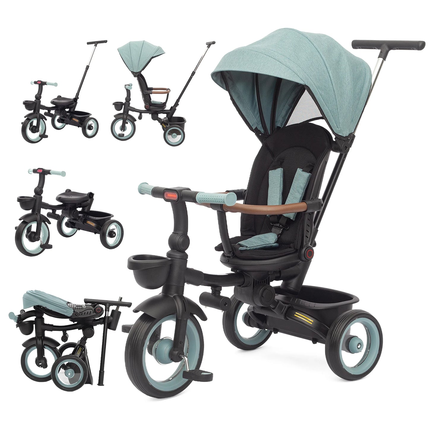 Baby Stroller-Tricycle /  7 in 1 Foldable Stroller-Trike for Kids  / Age 6M+ to 6 Years / Headlights / 1-Step Brake / Folding Pedal / Rotating, Reclining  Seat / Extended Removable Canopy