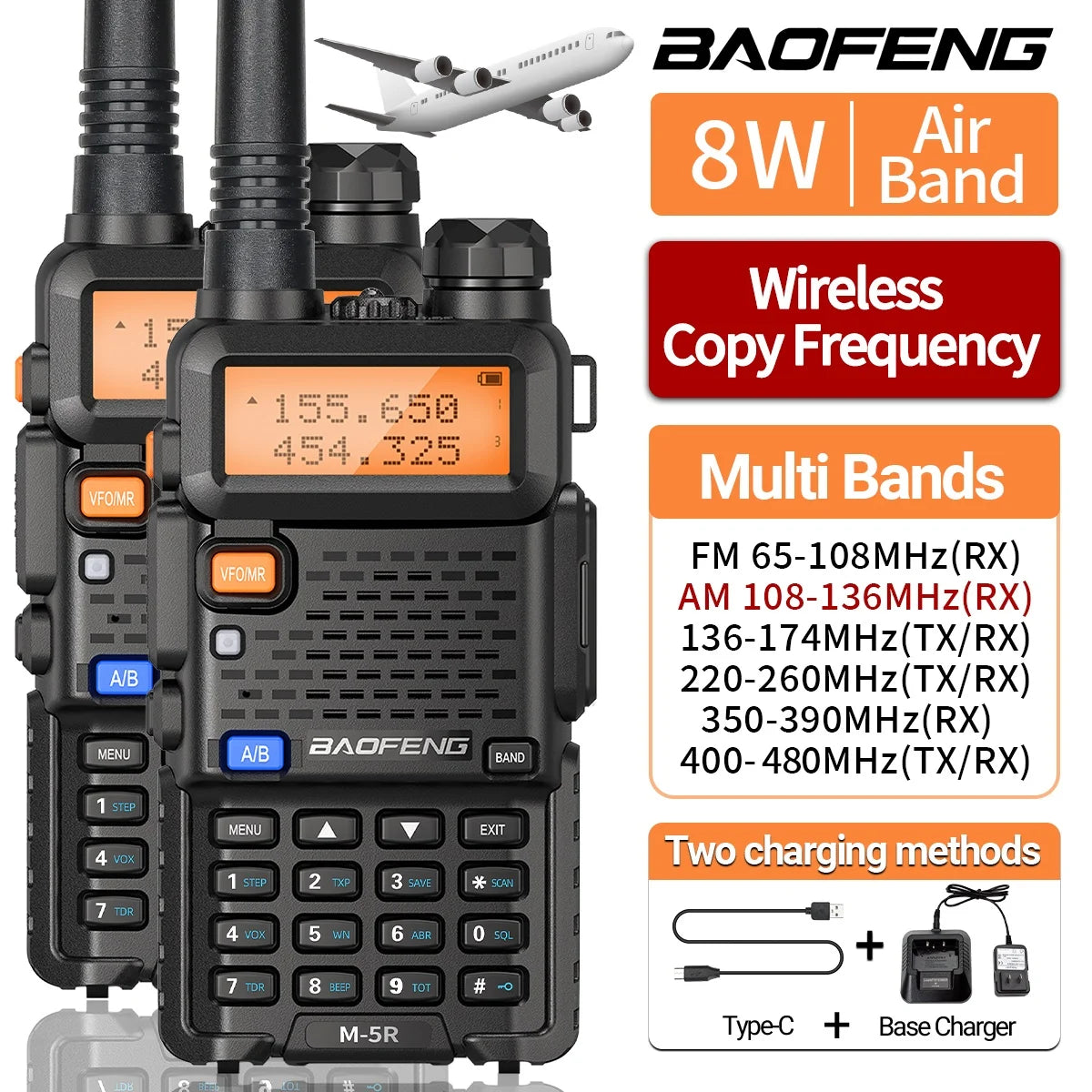 8W Walkie Talkie Multi Band w/Flashlight / Type-C / Wireless / Copy Frequency AM / Long Range For UV-5R / Two Way Radio