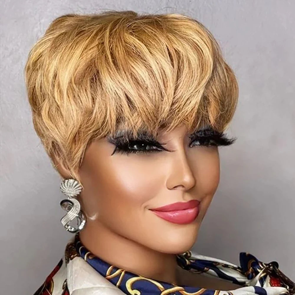 Short Pixie Cut Wig  /  Human Hair /  For Black Women /  Machine Made Wigs With Bangs /  Colored Brazilian Wig /  Human Hair Wigs