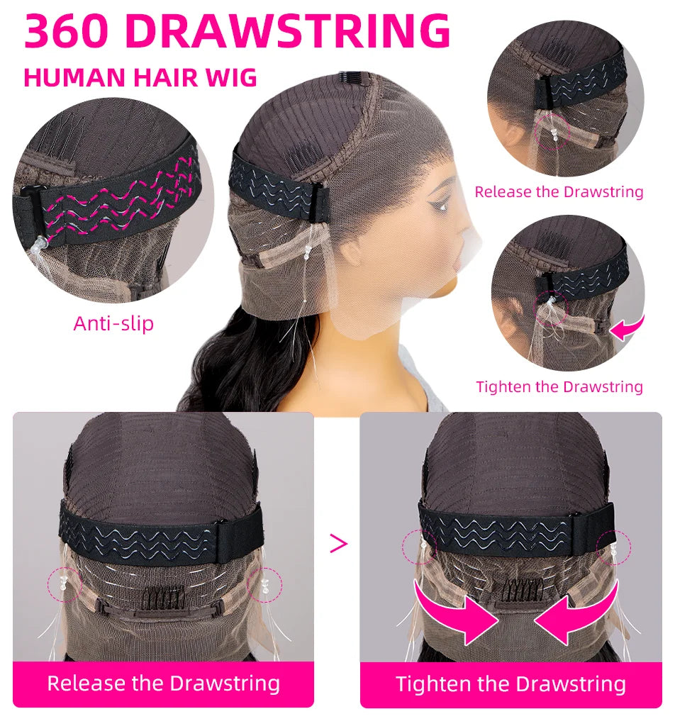 Invisi-Strap 360 Glueless Full Lace Front Wigs / Human Hair / HD Straight / 13x4 Lace Frontal Wig / Pre=Plucked Drawstring Wig for Women