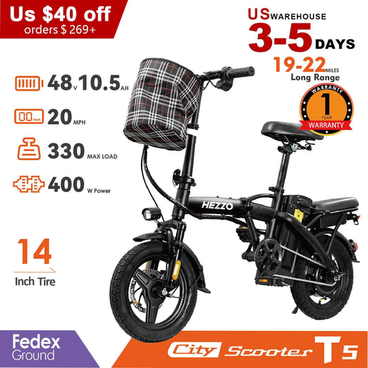 Electric Bike with Basket /  48V 400W Folding Ebike  /  4 inch Road Tire /  Carbon Steel /  Lightweight  /  Foldable  /  Adult /  Brushless