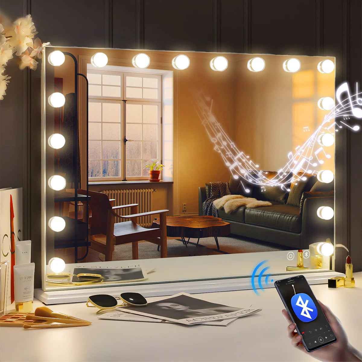Large Vanity Mirror With Lights And Bluetooth Speakers  /  Dimmable LED Lights With 10 Times Magnification  /   USB Port for ApplyingMakeup