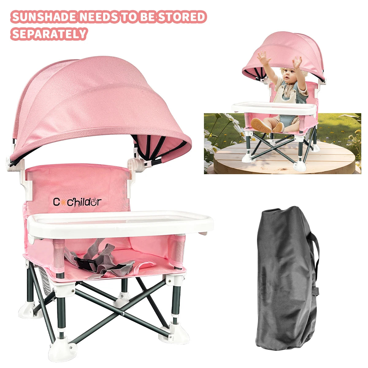 Booster Seat / Portable Child Dining Chair /  Removable Awning /  5-point Safety Belt / Foldable / Detachable Plates / Carrying Bag