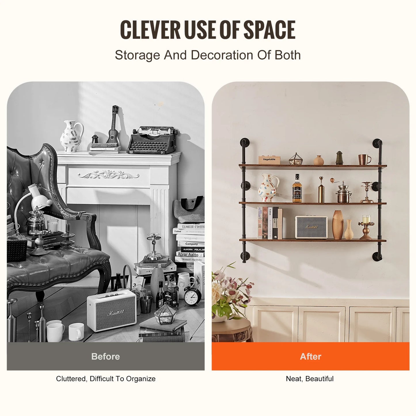 **Industrial Pipe Shelf / Wall-Mount Floating / Rustic Wood Shelves / Bracket Storage Rack for Kitchen Bedroom