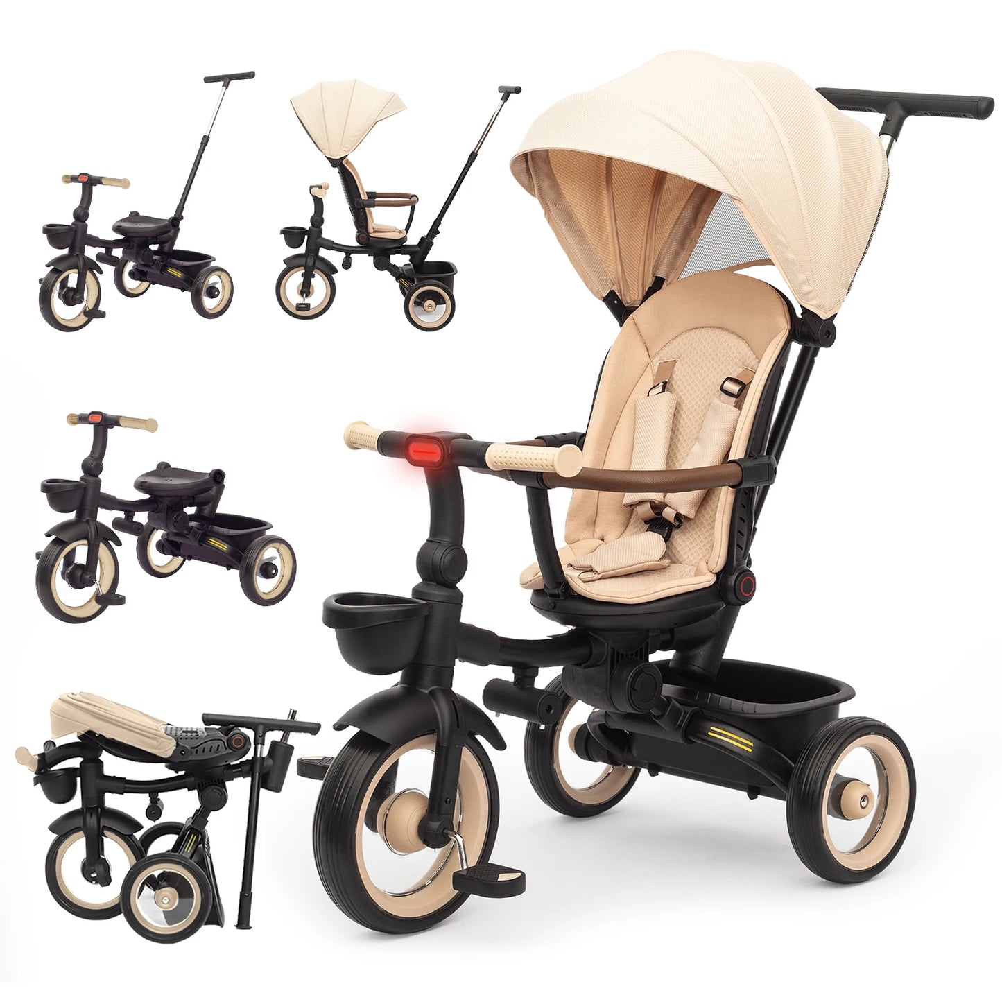 Baby Stroller-Tricycle /  7 in 1 Foldable Stroller-Trike for Kids  / Age 6M+ to 6 Years / Headlights / 1-Step Brake / Folding Pedal / Rotating, Reclining  Seat / Extended Removable Canopy